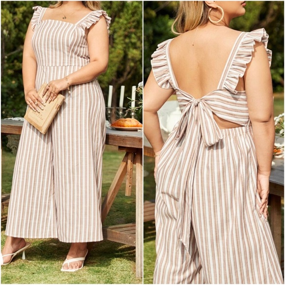 Boho Stripes Ruffle Wide leg Tie Back Jumper Jumpsuit - Picture 4 of 6